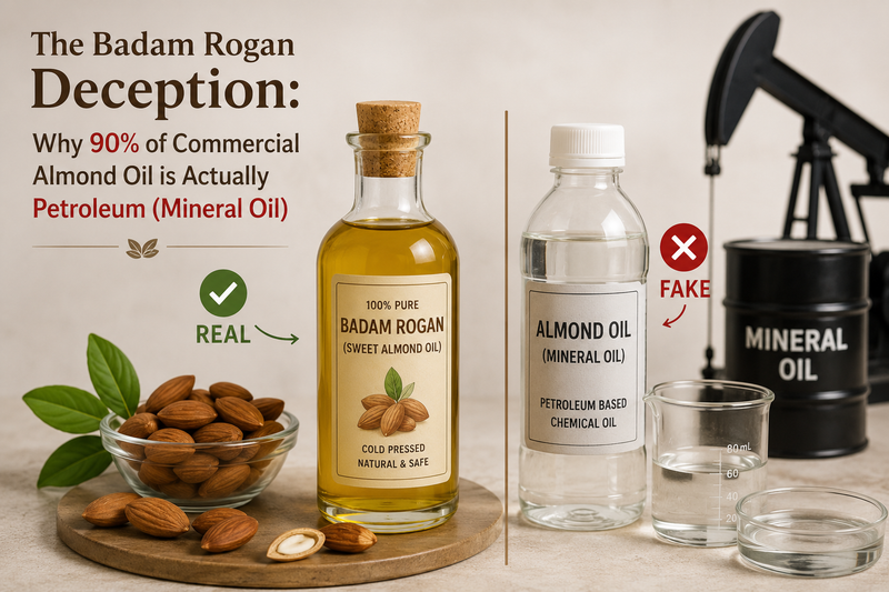 The Badam Rogan Deception: Why 90% of Commercial Almond Oil is Actually Petroleum (Mineral Oil)